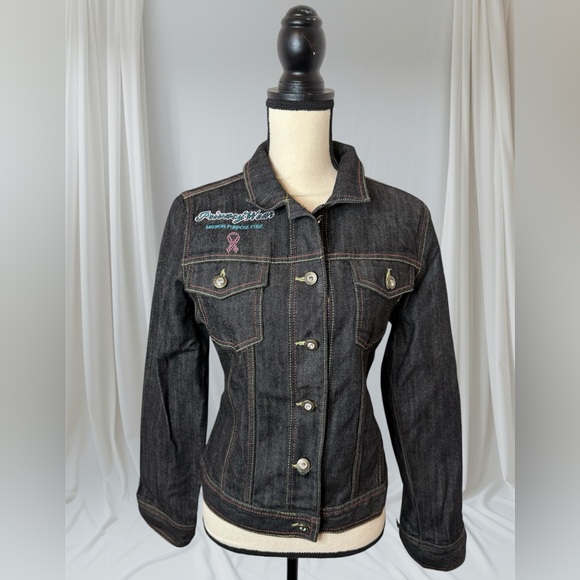Privacy Wear Jeweled Pink Ribbon Breast Cancer Awareness Denim Jacket Women M - Picture 1 of 13